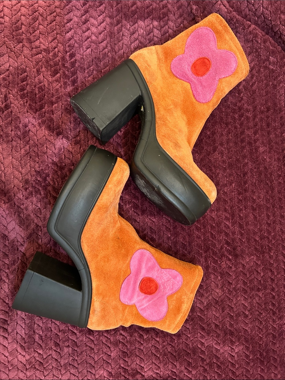 Halloween - Vintage Orange Suede Platform Ankle Boots with Pink Flower Accent